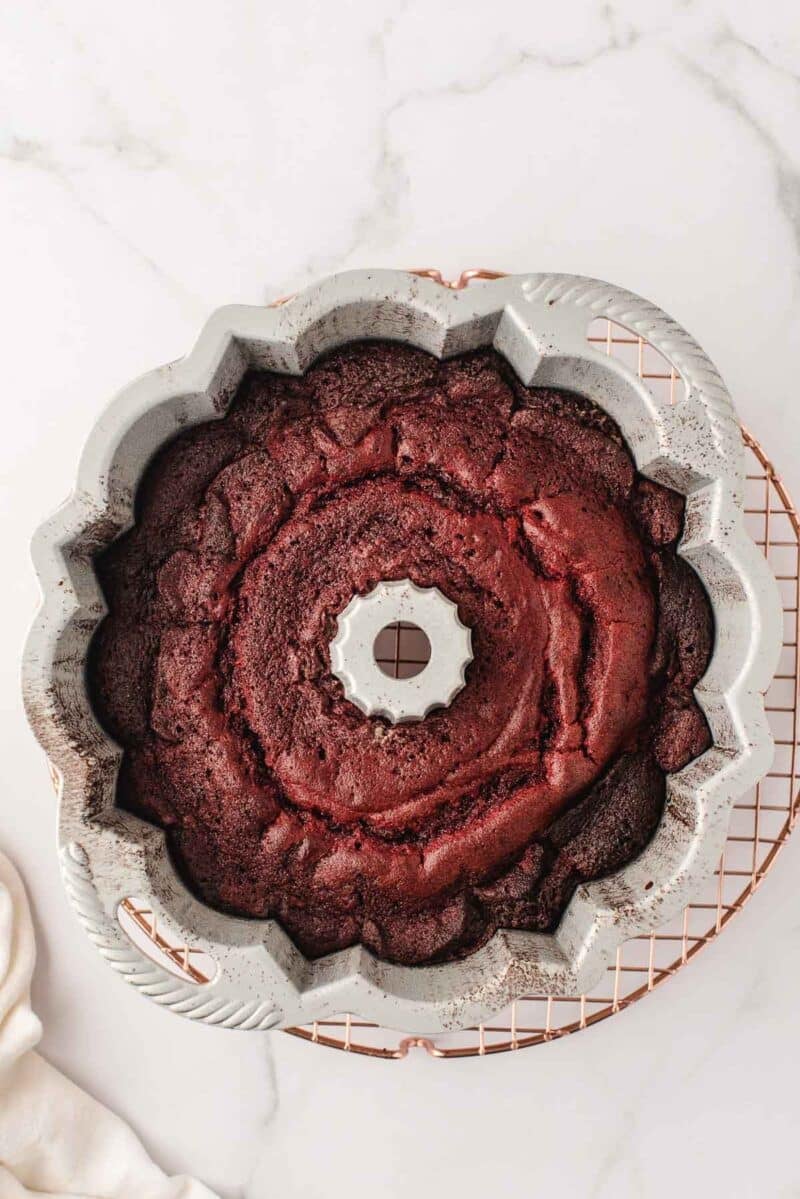 A chocolate Bundt cake in a scalloped Bundt pan resting on a round cooling rack atop a marble surface.