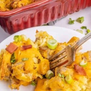 A plate of cheesy casserole topped with bacon pieces and sliced green onions, with a fork, in front of a red baking dish.