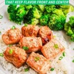 Plate of white rice topped with glazed salmon cubes, garnished with green onions, served with steamed broccoli on the side. Text overlay promotes easy gluten-free dinners.