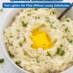 A bowl of mashed cauliflower topped with melted butter and chopped parsley, with text overlay about 10 low-carb side dishes.