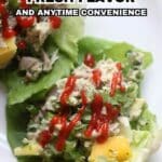 Two lettuce wraps filled with shredded chicken, mango, greens, and topped with red sauce are shown on a white plate. Text overlay reads, "10 wraps offering fresh flavor and anytime convenience.
