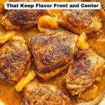 Cooked chicken thighs in a skillet with sauce and apricots, overlaid with text promoting gluten-free dinner recipes.