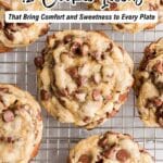 A close-up of chocolate chip cookies cooling on a wire rack with the text "12 Cookie Ideas That Bring Comfort and Sweetness to Every Plate" at the top.