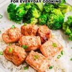 Plate of white rice topped with glazed salmon pieces, garnished with green onions, served with steamed broccoli; text overlay reads "13 Quick and Easy Air Fryer Recipes for Everyday Cooking.