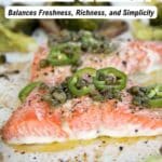 Close-up of baked salmon fillets topped with capers and sliced jalapeรฑos, with text promoting 13 salmon recipes by Southern Food and Fun.