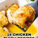 A close-up of a cooked chicken thigh being lifted from a baking dish, with the text "14 Chicken Thigh Recipes" overlaid at the bottom.
