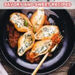 Stuffed pasta shells with ricotta cheese and herbs served on a black plate with tomato sauce, shown in a food magazine layout.