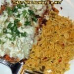 A plate with enchiladas topped with cheese and cilantro next to a serving of yellow rice; a fork rests on the plate. Text reads, โ15 Enchilada Recipes That Are Always a Hit.โ.