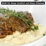 A bowl of beef with gravy served over mashed potatoes, garnished with fresh thyme, with text promoting one-pot beef recipes.