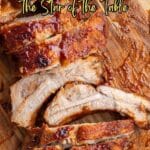 Sliced glazed ribs with a sticky sauce displayed on a wooden cutting board, accompanied by text highlighting rib recipes.