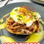 A poached egg sits atop shredded meat on a toasted base, garnished with thin pepper strips and sauce, on a dark plate. Text overlay reads โ16 Egg Ideas Ready To Inspire Any Meal of the Day.โ.