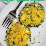 Two spinach patties topped with breadcrumbs and chopped herbs are served on a white plate with a black fork. Text above reads, "Bright Spinach Recipes.