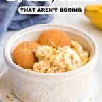 A bowl of banana pudding topped with vanilla wafers, placed on a white saucer, with text that reads "16 Pudding Desserts That Aren't Boring.