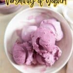 Bowl of purple yogurt scoops on a countertop, with text above highlighting 16 recipes that demonstrate yogurt's versatility.