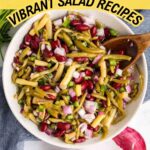 A bowl of mixed bean salad with red onions and green beans, placed on a white surface next to a halved red onionโperfect inspiration for vibrant salads to refresh your menu.