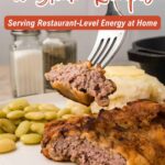 A fork holds a piece of cooked steak above a plate with steak, lima beans, mashed potatoes, and a roll. Text reads โ16 Steak Recipes โ Bring restaurant-level flavor at home.โ.