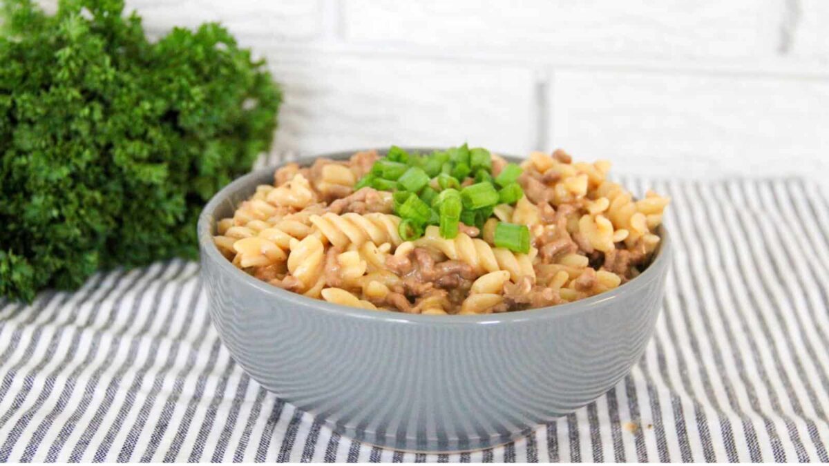 A gray bowl filled with creamy rotini pasta and ground beef, topped with chopped green onions, sits on a striped cloth with parsley in the background—perfect for those craving crowd pleasing comfort.