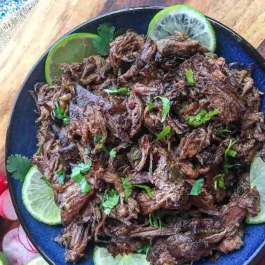 A blue bowl filled with shredded beef garnished with cilantro and lime slices, placed on a wooden surface next to sliced radishesโperfect for those seeking flavorful recipes and low carb recipes.
