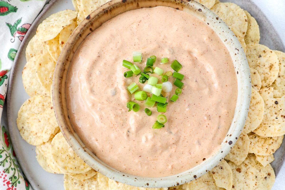 A bowl of creamy dip topped with chopped green onions is surrounded by round tortilla chips on a plate—perfect for party dips and easy dip recipes.