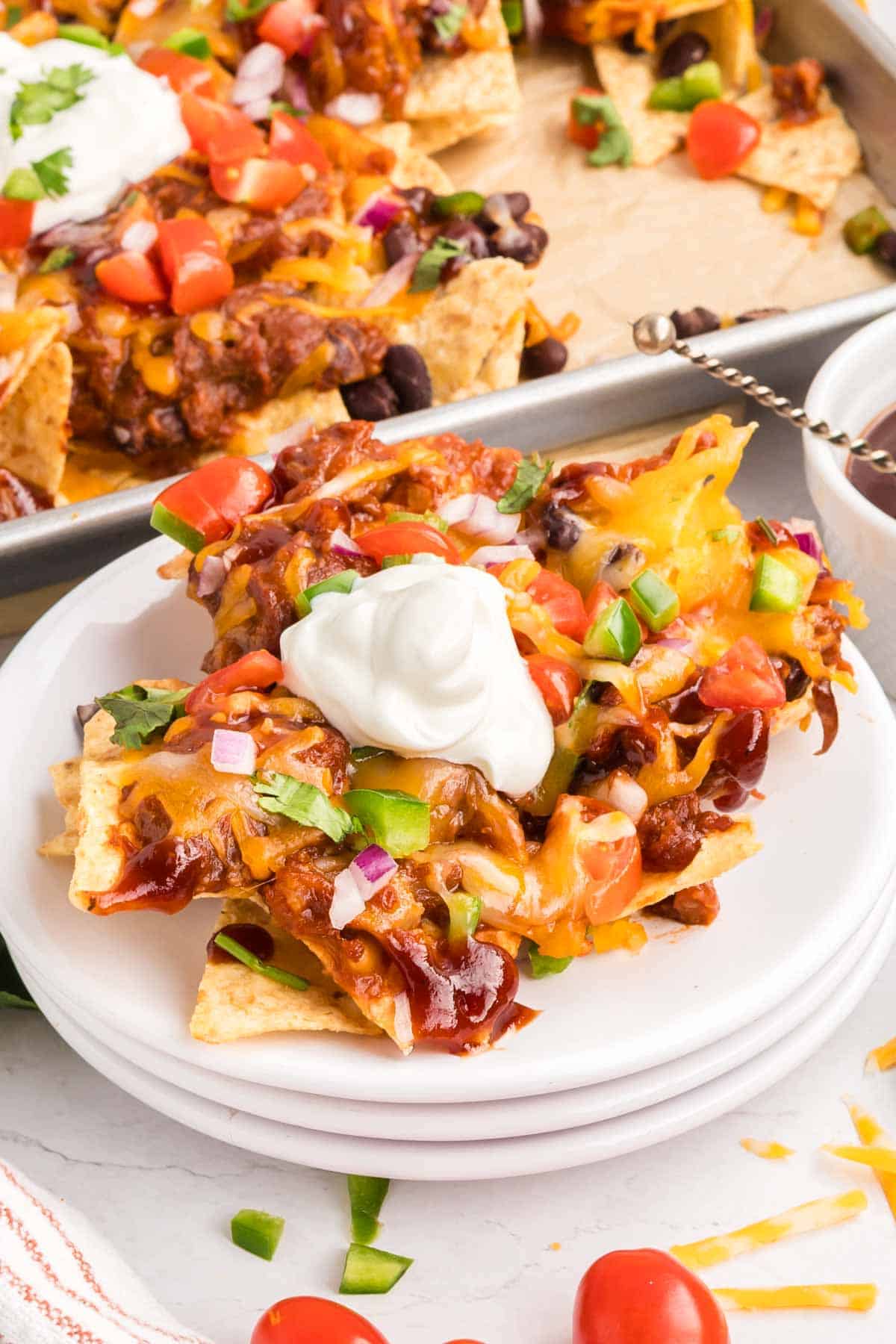 A plate of loaded pulled pork nachos topped with melted cheese, diced tomatoes, green onions, and a dollop of sour cream, with a tray of nachos in the background.