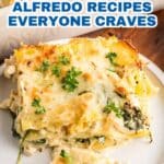 A plate of cheesy spinach Alfredo casserole sits on a table, topped with parsley, with a fork holding a bite-sized piece. Text overlay promotes Alfredo recipes.
