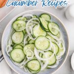 A bowl of sliced cucumbers and onions on a table, with the text "12 Cool Crunch and Bright Bite: Take Center Stage in Cucumber Recipes" at the top, highlights cucumber recipes that offer a cool crunch in every bite.