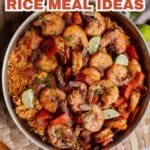 A skillet of rice topped with shrimp, beef strips, red bell peppers, and lime wedges, accompanied by text promoting protein and rice meal ideas.