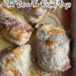 Baked chicken thighs with melted cheese on a baking sheet, accompanied by text about easy dinner recipes and quick dinner ideas for busy day meals.