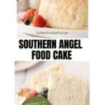 Angel food cake topped with fresh berries, shown whole and sliced on a plate with a “Perfect for Spring!” label.