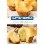 Golden brown buttermilk dinner rolls are shown whole and sliced open on a white plate, with the text “Easy Buttermilk Dinner Rolls” and the Southern Plate logo visible.