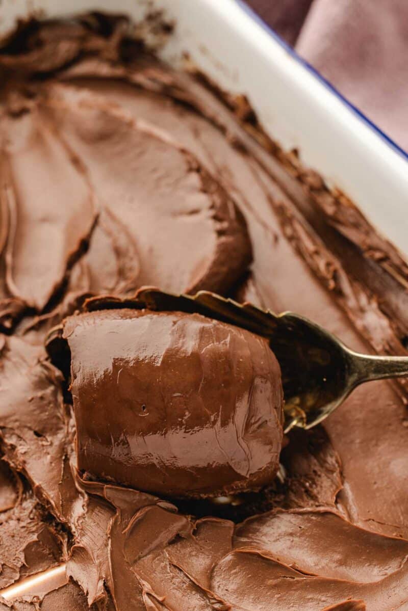 A metal spoon scoops a portion of smooth, glossy chocolate cremeux from a pan covered with thick, swirled chocolate frosting.