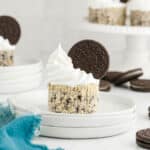A cookies and cream cheesecake cupcake topped with whipped cream and an Oreo cookie sits on a white plate, with more cupcakes and Oreos in the background.