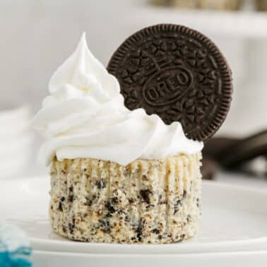 A mini Oreo cheesecake topped with whipped cream and a whole Oreo cookie, served on a white plate.