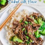 A plate of rice topped with beef and broccoli stir-fry, garnished with green onions, with chopsticks resting on the plate. Text reads: "10 Wholesome Broccoli Dinner Recipes Packed with Flavor.