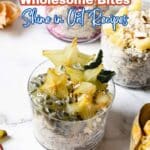 A glass cup of oatmeal topped with starfruit and seeds sits on a white surface, surrounded by fruit and other breakfast items. Text overlay reads "11 Hearty Grains and Wholesome Bites Shine in Oat Recipes.