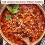 A pot of dairy-free pasta and vegetable stew sits on a stove, garnished with fresh basil. Text reads: "11 One-Pot Recipes That Combine Rich Flavor Without the DairyโPerfect Dairy-Free Recipes for Every Meal.