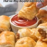 A hand dips a puff pastry roll into a bowl of red sauce, surrounded by similar wraps and rolls on a plate. Text reads, "10 Wraps and Rolls That Go Way Beyond Side Dishes.