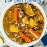 A bowl of beef stew with chunks of beef, potatoes, and carrots in brown sauce, with text promoting one-pot beef recipes.