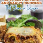 A slice of cheesy lasagna on a plate with salad and bread, topped with text promoting “13 cheesy layers and saucy richness that shine in every bite of lasagna.”.