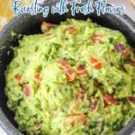 A bowl of guacamole with diced tomatoes, onions, and cilantro, surrounded by text promoting seasonal spring recipes from Southern Plate.