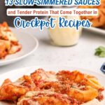 A plate of stuffed pasta shells with tomato sauce and melted cheese, enriched by slow-simmered sauces, sits on a table next to another plate of food and a glass jar.