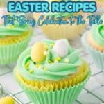 Festive cupcakes with green frosting and pastel candy eggs on top, displayed on a cooling rack, perfect for your collection of pastel Easter recipes.