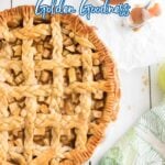 Lattice-topped caramel apple pie on a table, with text overlay listing "15 Caramel Desserts That Highlight Sweet, Sticky, and Golden Goodness"—a showcase of irresistible golden desserts.