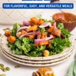 A plate of salad with roasted sweet potatoes, chickpeas, red onions, and greens, with text overlay listing "15 Sweet Potato Recipes.