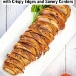 Sliced bacon-wrapped meat served on a white platter with parsley garnish, next to two tomatoes; text overlay reads "16 Bacon Wrapped Recipes with Crispy Edges and Savory Centers.