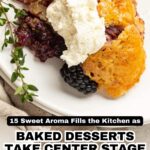 A slice of berry cobbler with whipped cream is served on a white plate, garnished with a sprig of fresh thyme and a blackberry, filling the kitchen with the sweet aroma of baked desserts.