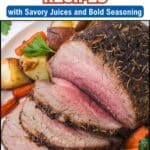 Sliced roast beef with herbs served on a plate with roasted carrots and potatoes; text overlay promotes beef dinner recipes.