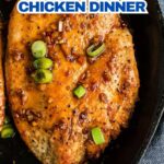 Close-up of juicy meat from pan-seared chicken breast, topped with chopped green onions in a skillet, with text about skillet chicken dinner and Southern branding.