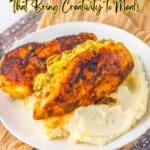 Two pieces of stuffed, seasoned chicken breast served on a bed of mashed potatoes on a white plate. Text overlay reads: "19 savory stuffed recipes that bring creative meals and delicious flavors to your table.