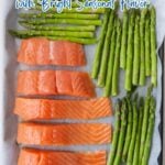 Raw salmon fillets and fresh green asparagus spears arranged on a baking sheet, with text highlighting seasonal flavor and delicious asparagus recipes.